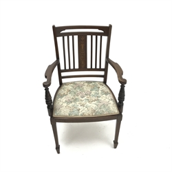  Edwardian inlaid mahogany open armchair, upholstered seat, square tapering supports on spade feet, W58cm  