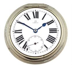Nickle open face keyless lever pocket watch by Omega, white enamel dial with Roman numerals and subsidiary seconds dial, front case opening, case No. 3918097