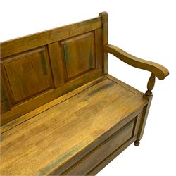 Hardwood box-seat hall bench, tripled panelled back over hinged seat, panelled front and sides