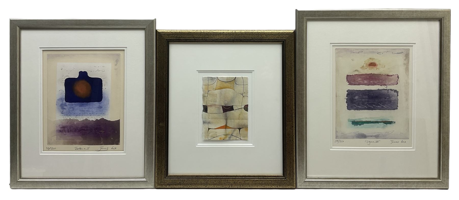 James Cox (British Contemporary): 'Sigma VI' and 'Lettera I', pair limited edition screen prints signed titled and numbered in pencil 25cm x 20cm; Nestor (Bolivian 1957-): Abstract, mixed media on paper signed 18cm x 14cm; French School (20th century): Lake Landscape, two coloured etchings signed and titled in pencil together with a Sturgeon print max 28cm x 68cm; Three unframed posters - John Lennon, Frank Sinatra and Charlie Chaplin; quantity of unframed prints including The Shell Collection portfolio; and a framed print (qty)


