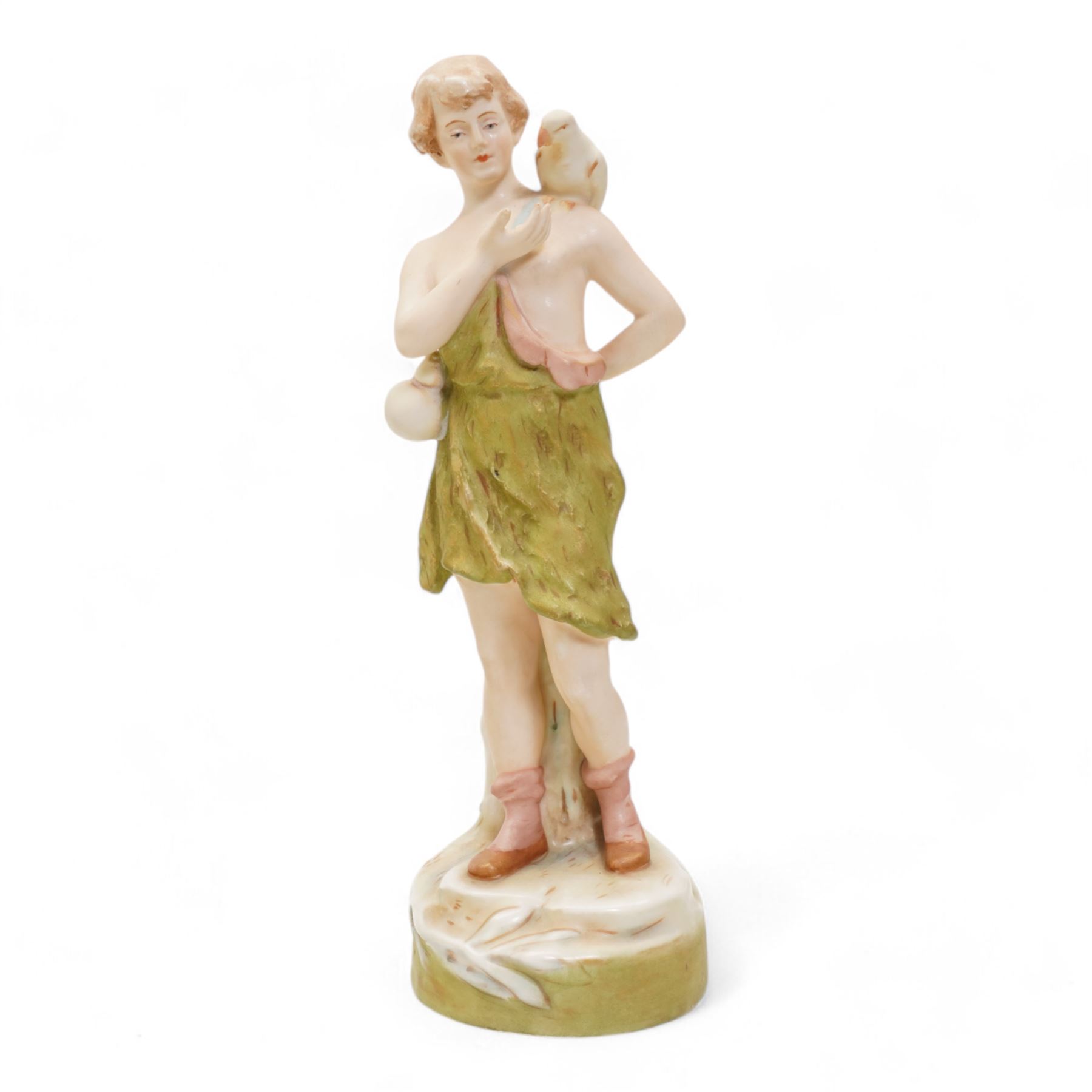 Pair of Royal Dux male and female figures holding doves, H24cm and smaller and a Royal Dux figural planter, modelled as a young shepherdess with lambs, H18cm (3)