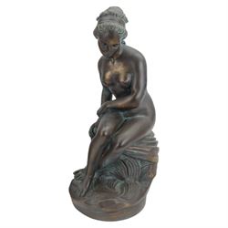 Austin Productions Art Nouveau style sculpture 'La Grace' after Eugene Marioton, signed and with impressed marks, together with similar composite figure of a nude figure on a rock and a pillar, pillar H77cm