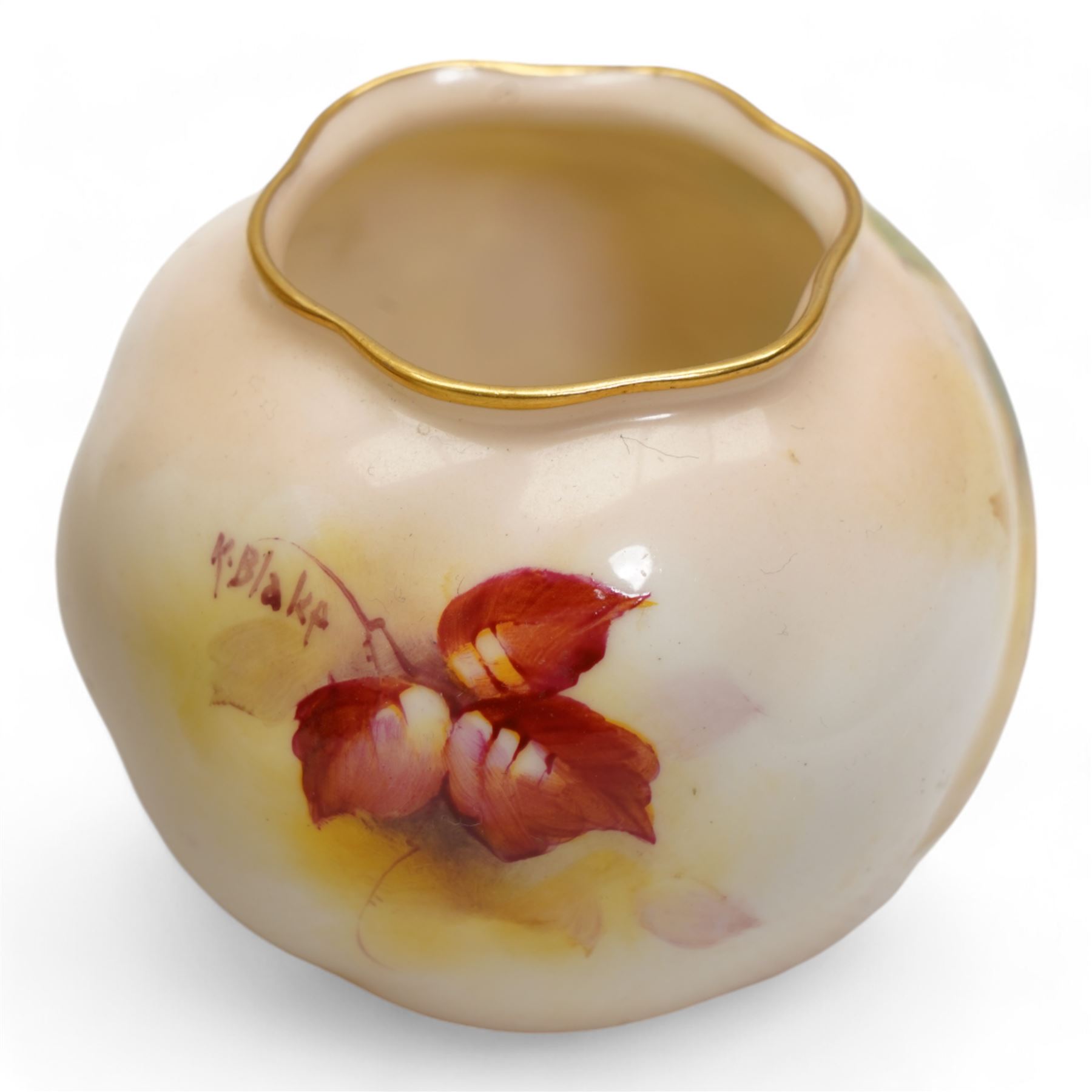 Royal Worcester porcelain vase c1931, hand painted with autumnal fruit and berries by Kitty Blake, signed, shape no. G161, H7cm, together with a similarly decorated hand painted bowl, also by Blake, c1936, D18cm (2)