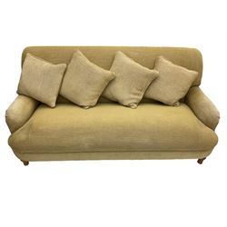Sofas and Stuff - traditional two seat settee with scatter cushions, on turned oak front feet and splay rear feet