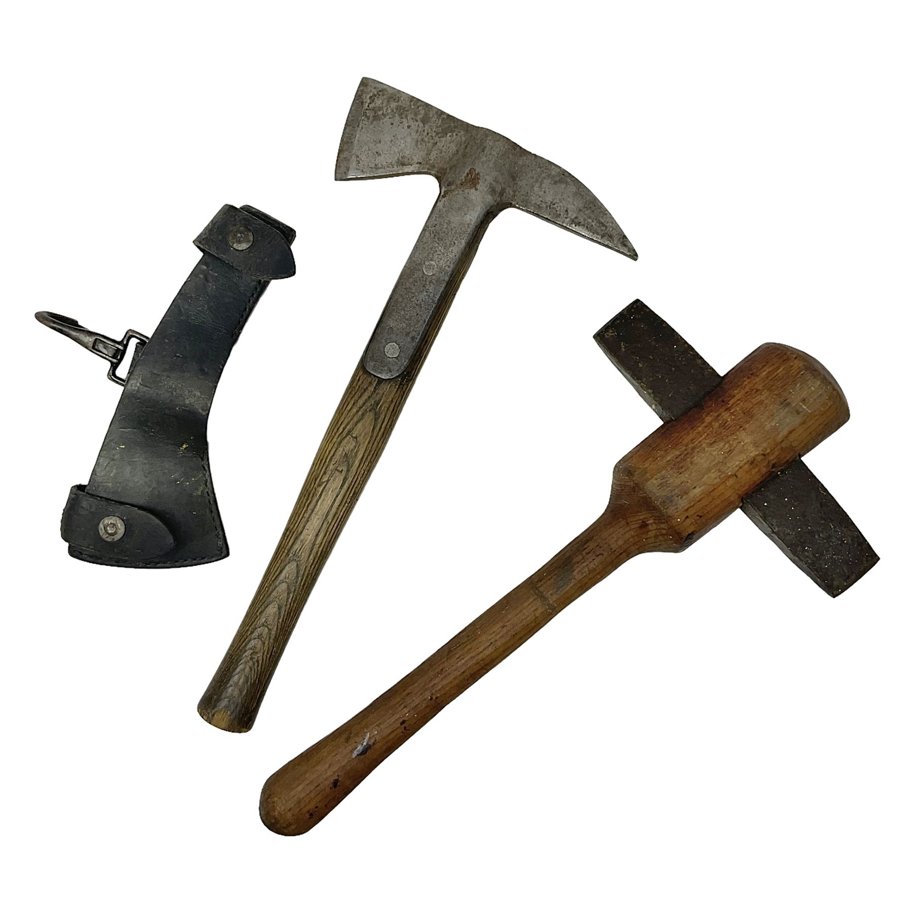 Post-War military type fireman's axe impressed 'PERKS 1953/54' with additional indistinct mark probably WD arrow, ash handle L39cm; and another stonemason's(?) double headed axe with mallet shaped shaft (2)