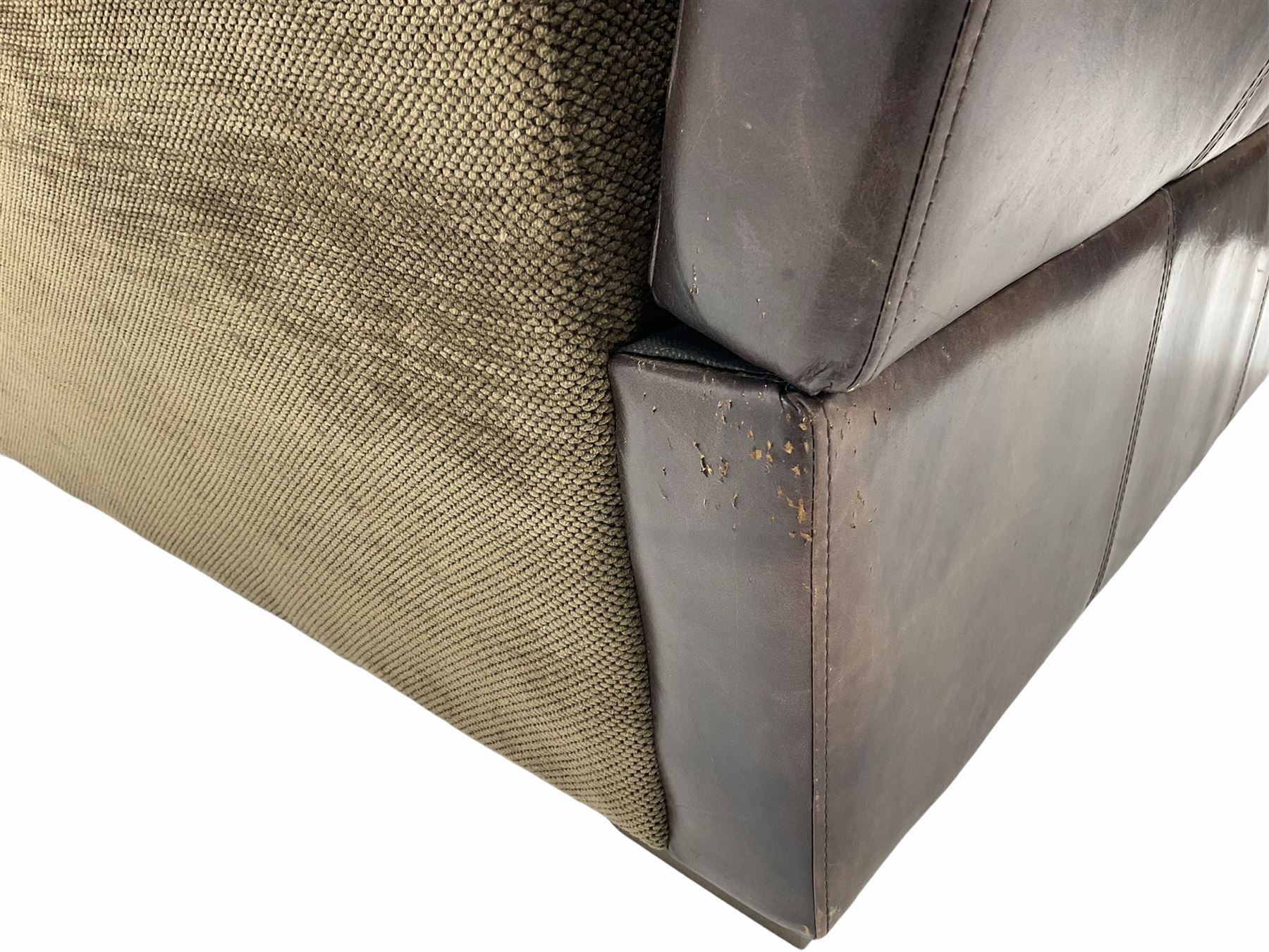 Knowle style grand drop arm sofa, upholstered in antique tan leather and fabric with contrasting scatter cushions