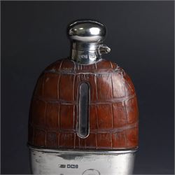 Edwardian hip flask, the glass body with leather cover,  removable silver cup and silver cap, the cup engraved with monogram, hallmarked Robert Pringle & Sons, Sheffield 1901, H15cm