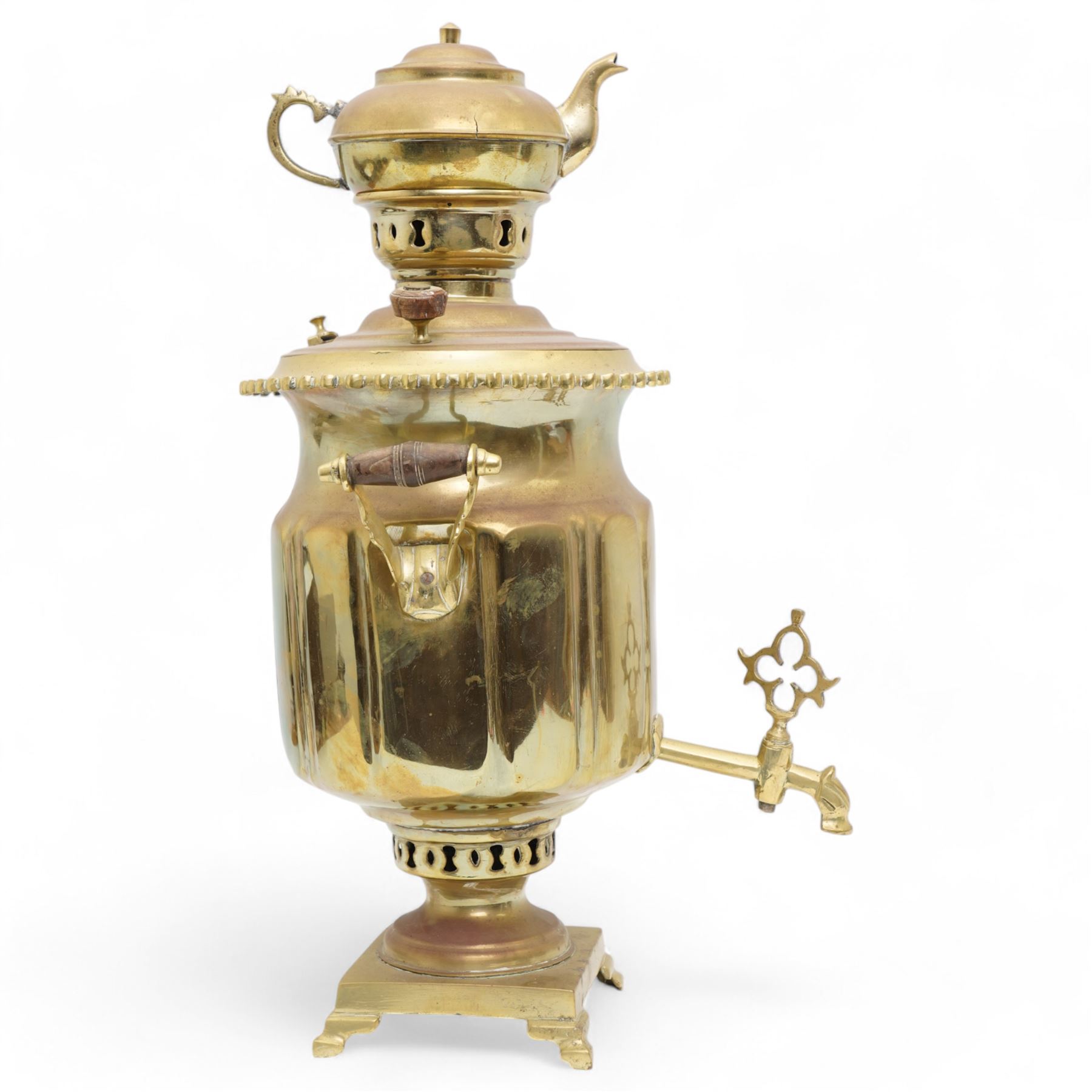 Russian brass Samovar, the twin handled body raised on square plinth, with integrated teapot, H53cm 