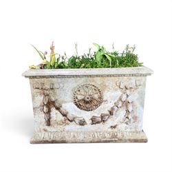 Haddon stone - cast rectangular planter, swag and motif detail, planted