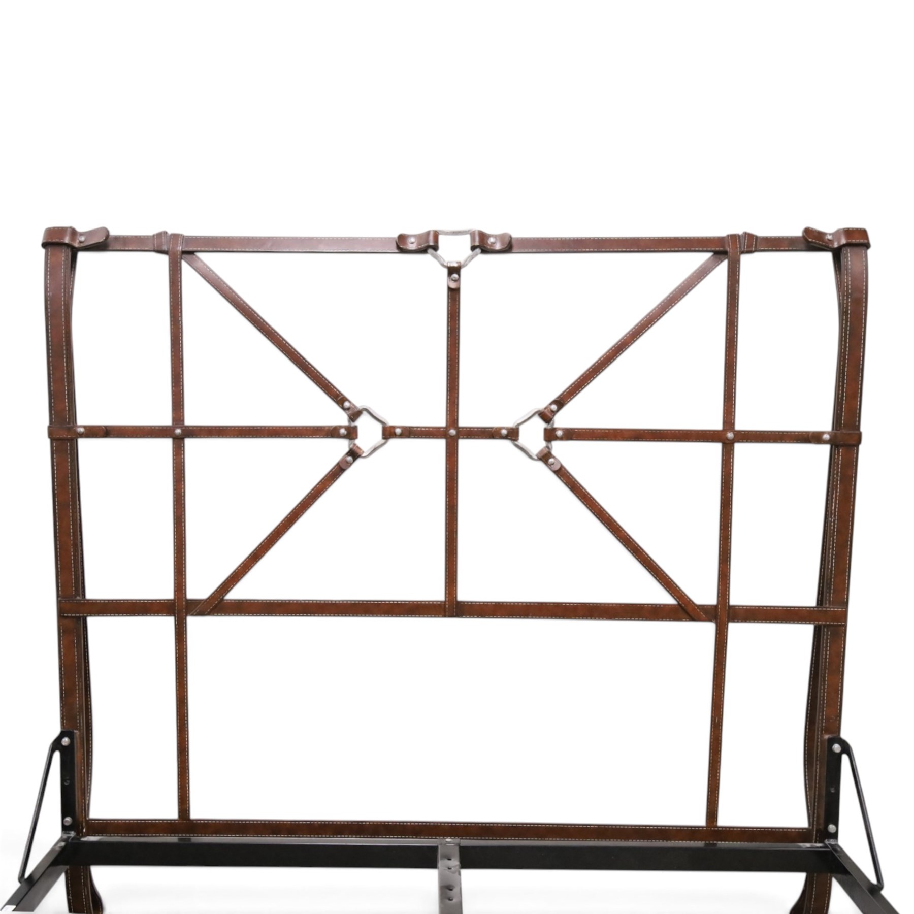 And So To Bed - 'Handel' double bed in the style of Jacques Adnet for Hermes, the metal head and footboards with equestrian tack style leather covering