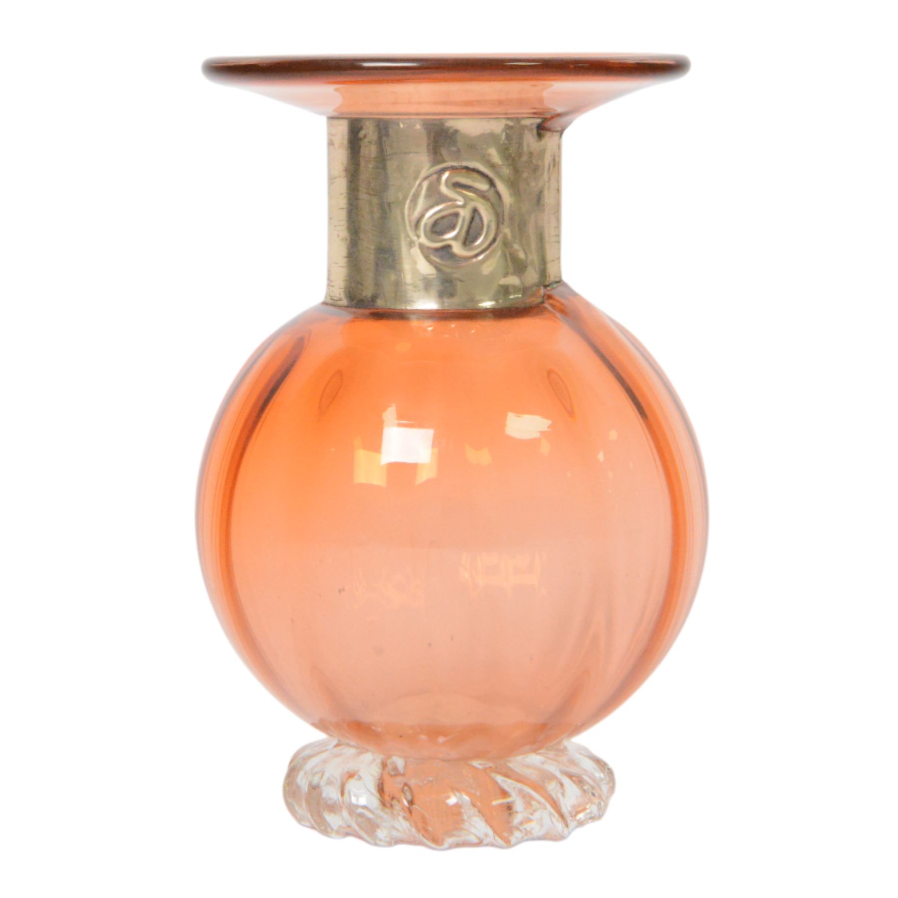 Anthony Stern (British 1944-2022); hand blown orange art glass vase with a metal collar, signed beneath, H15cm