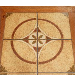 Mid-20th century Danish teak coffee table, rectangular form with inset ceramic tiled top decorated with circular and foliate motifs, raised on square legs