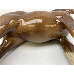 Three Beswick models comprising Hereford Bull no 949, 'CH Cutmil Cupie' Pug, and bay Shire horse, all with printed marks beneath