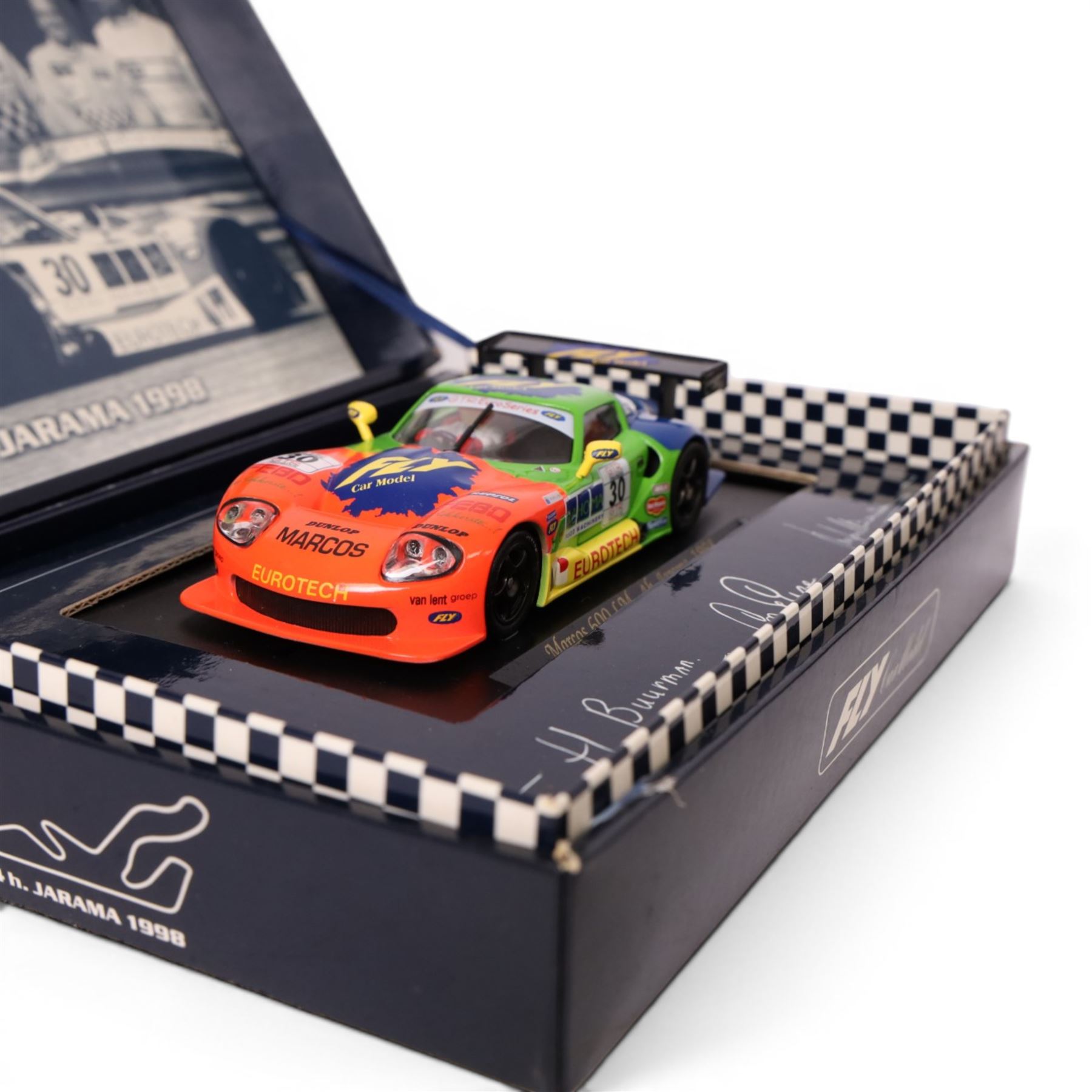 Fly Car Model 1:32 scale slot car no. A27 LM 600 4h Jarama 1998, together with SCX Pro slot car no. 50250 Citroen Xsara, both boxed
