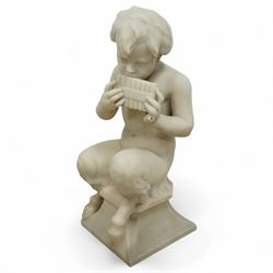 Follower of Claude Michel Clodion (French 1738-1814): The Putti-Faun Orchestra - set of four Italian carved white marble figures of child satyrs as musicians, each finely carved figure depicting a seated putto-faun with youthful features and small goat’s legs and cloven feet, variously playing rustic instruments: a syrinx (Panpipes), a flute, a tambourine and clappers - each raised on an integral waisted square plinth, Italian, circa 1900

Provenance: Kirkham Hall

Notes: Inspired by the rustic god Pan and his followers, these putti-fauns reflect the late-19th-century revival of classical themes popular with Grand Tour collectors; their instruments evoke the god Pan’s pastoral music, while the carving and  composition exemplify the appeal of bacchic subjects in the Italian neoclassical tradition