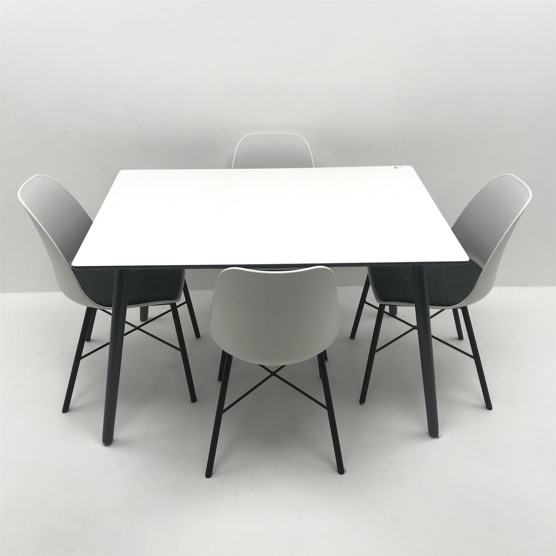 John Lewis white rectangular dining table, grey turned tapering supports (W120cm, H74cm, D80cm) and four matching dining chairs, upholstered seats, turned supports (W43cm) 