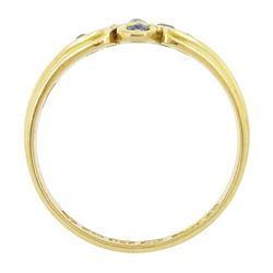 Victorian 18ct gold sapphire and diamond ring, three old cut and single cut diamonds, the principal diamond with four oval cut sapphire surround, to a ridged design shank, Birmingham 1899