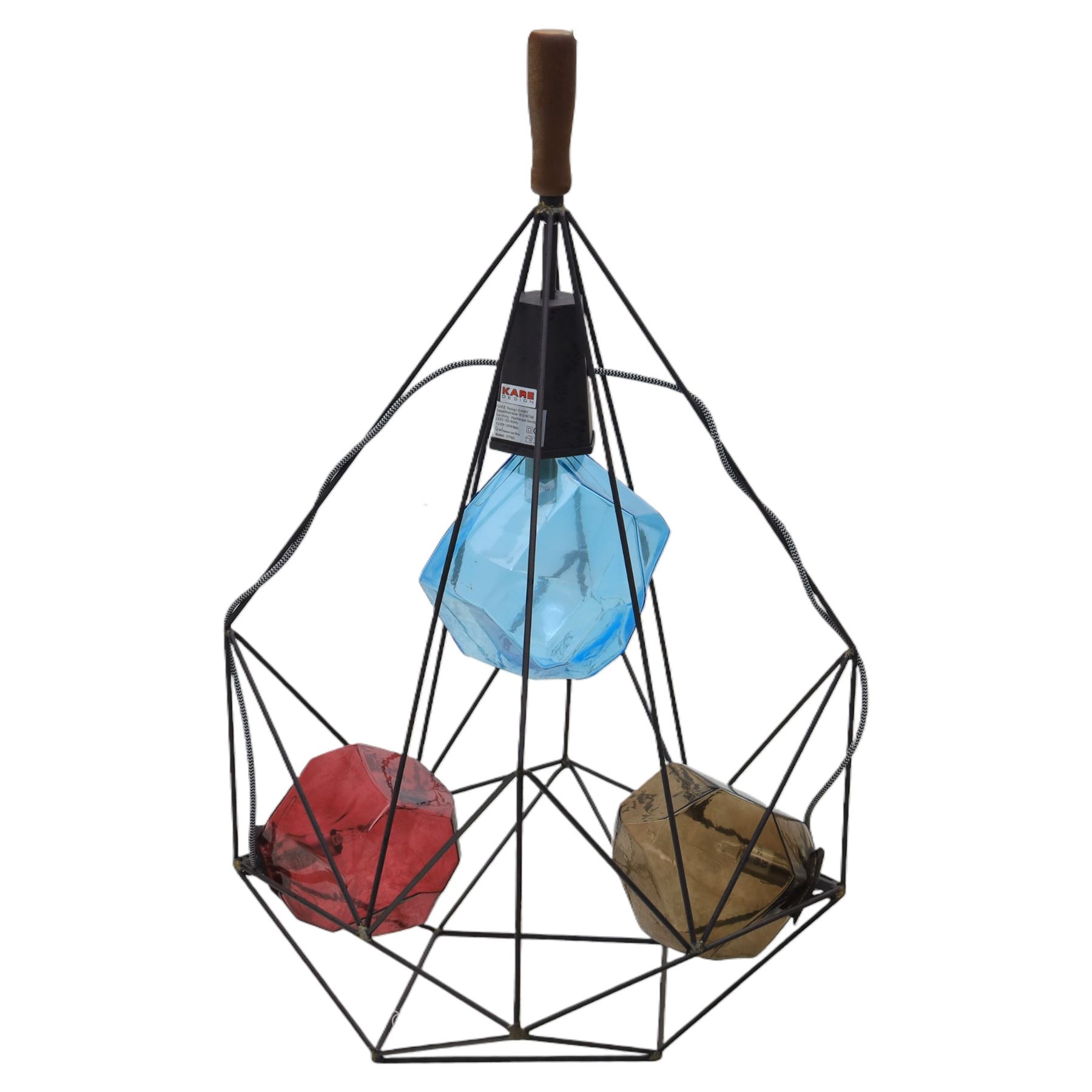 KARE Designs - modern table lamp, the wirework metal cage of multi-faceted form enclosing three coloured glass shades, supported from a central mount with turned wooden handle above