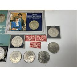 Coins including two King George VI 1951 Festival of Britain crowns each in green case, various other commemorative crowns, two Iceland '874-1974' two coin sets both in original red cases etc