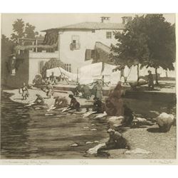 Rachel Ann Le Bas NEAC RE (British 1923-2020): 'Washerwomen by Lake Garda', limited edition etching with aquatint signed titled and numbered 53/75 in pencil 27cm x 32cm 
Notes: this study was Rachel Ann's diploma piece for the Royal Society of Painter-Printmakers and one of the few illustrated in the Society's publication 'No Day without a Line'; exh. Royal Society of Painters in Watercolours Bankside Gallery, London, Label verso