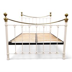 And So To Bed - Victorian design 'Juniper' brass and white painted double bed, the head and foot-boards with brass finials and curved cresting rails