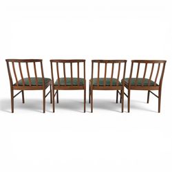 Mid-20th century teak dining table and chairs, with stowable fold over leaf, raised on square tapering legs, the chairs with teak frames and reupholstered green leather seats