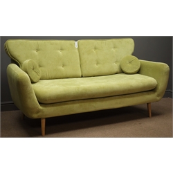  'Verbena' three seat sofa by 'Wildon Home' upholstered in lime green fabric, two matching cushions, tapered beech supports W190cm, D82cm  