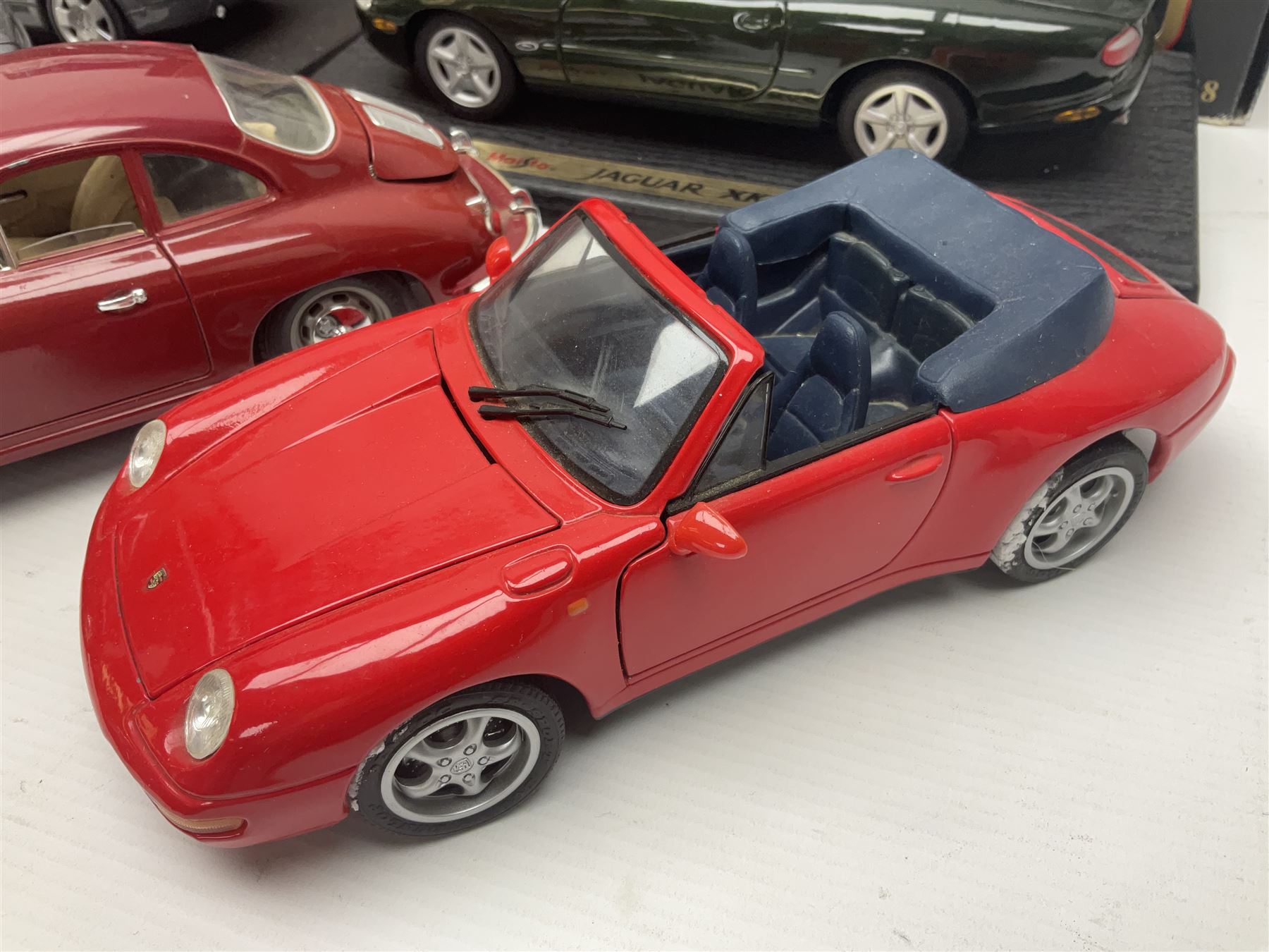 Three Maisto Special Edition 1:18 scale die-cast models - Porsche 550A Spyder, Jaguar 'S' Type and Ferrari 550 Maranello; all boxed; five other unboxed Maisto/Bburago 1:18 scale models; and two Classic Collection lead crystal models of Classic Cars (10)