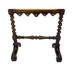 Victorian rosewood fire screen, scrolled foliage carved pediment, rectangular frame with moulded gilt slip enclosing figural needlework tapestry panel, on spiral turned supports with finials united by turned lower stretcher, on out-splayed feet with scroll carved terminals 