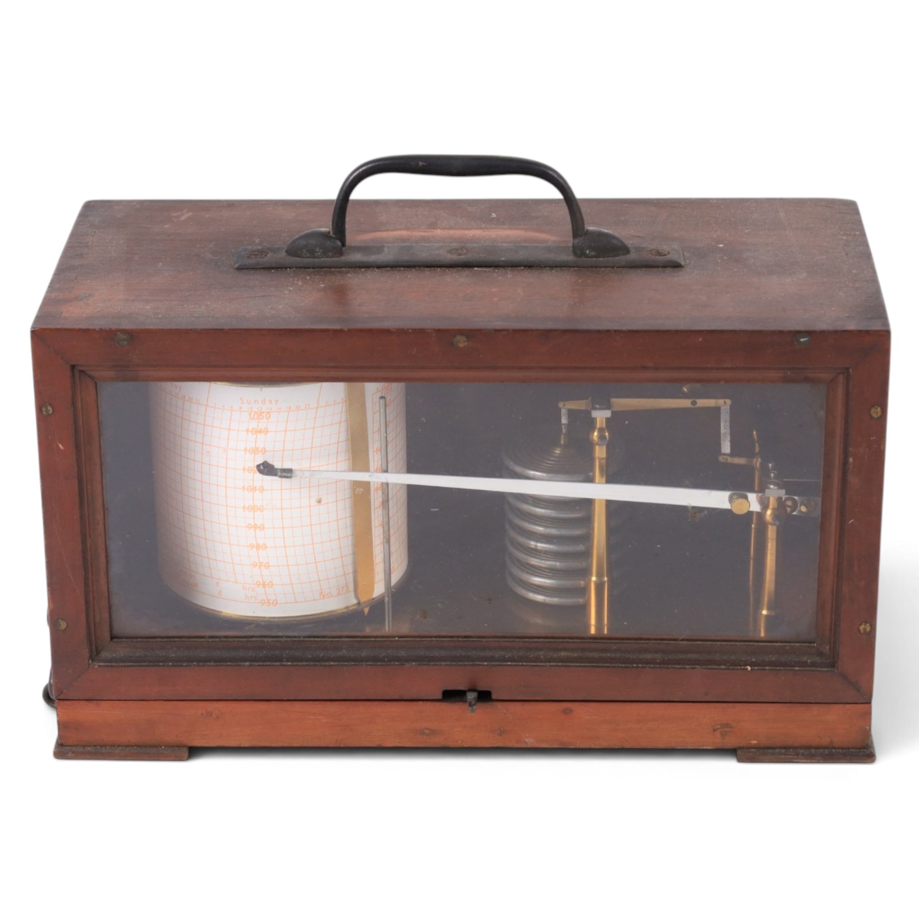 20th century French barograph, stamped 'RF BREVETES SGDG PARIS', in wooden carry case with glazed front panel, H16cm, W29cm