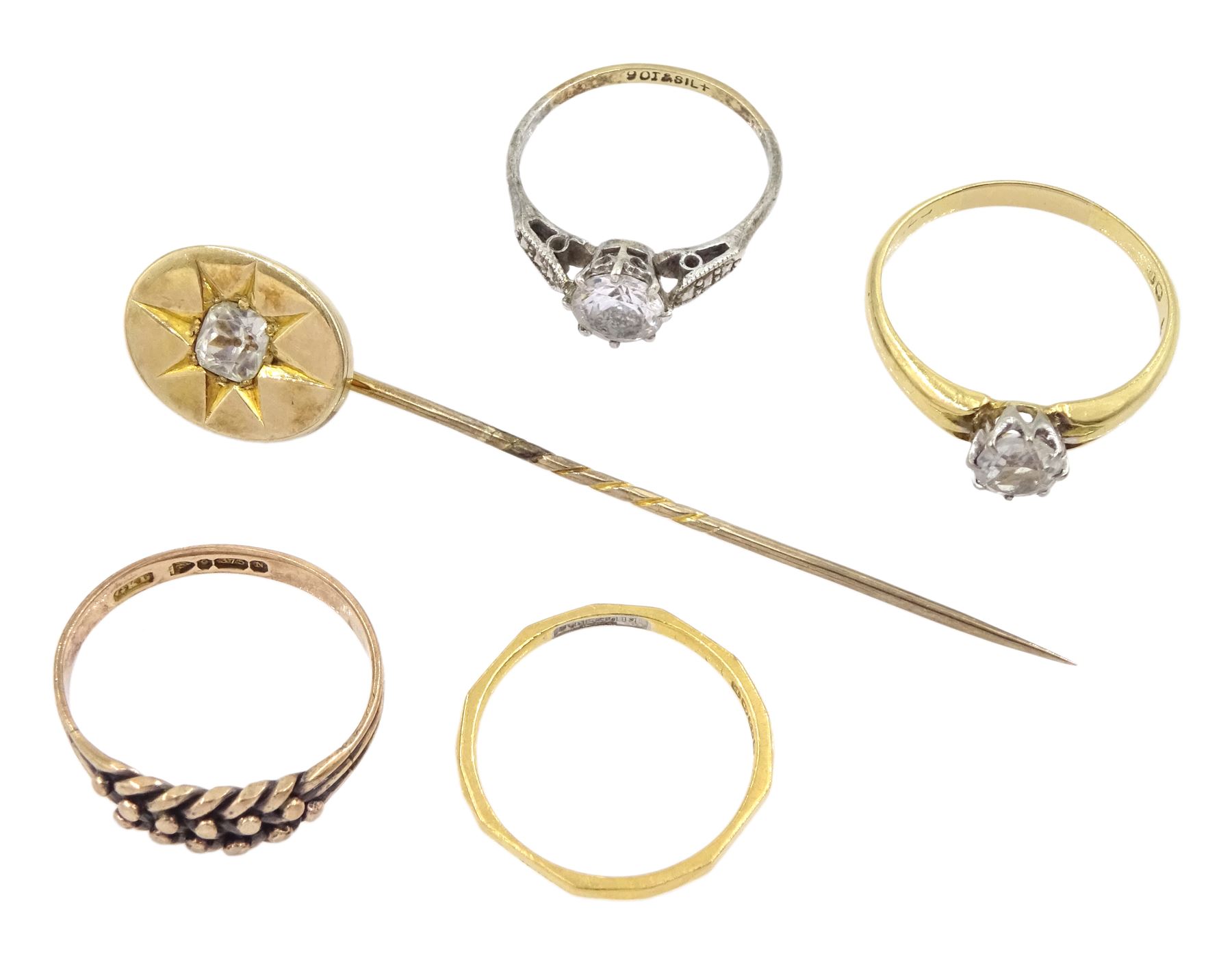 22ct gold 'Fidelity' wedding band, Birmingham 1939, 18ct gold white paste stone set ring, 9ct gold keepers ring, Chester 1896, silver and gold ring and a gold paste stone set stick pin