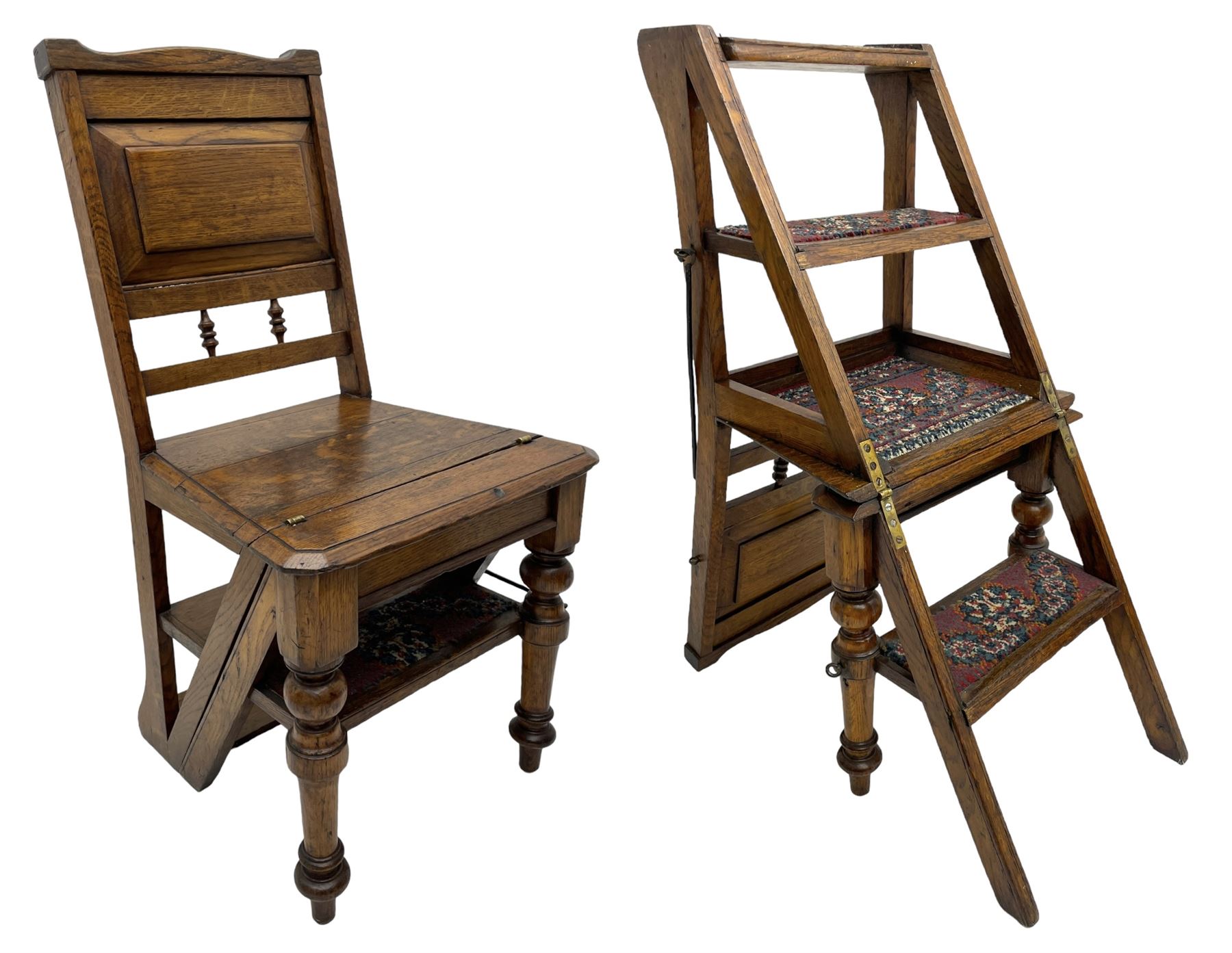 19th century oak metamorphic library steps and chair, panelled back with turned spindles over plank seat with turned front supports, the hinged seat folding forward, the steps inset with carpet treads  