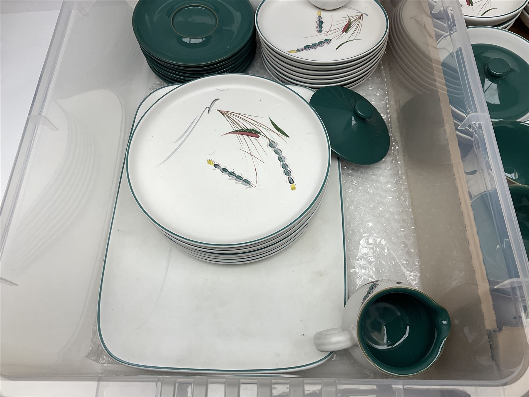 Denby Green Wheat pattern part tea and dinner wares, including serving platters, teacups, teapot, side plates, etc, all with stamped mark beneath