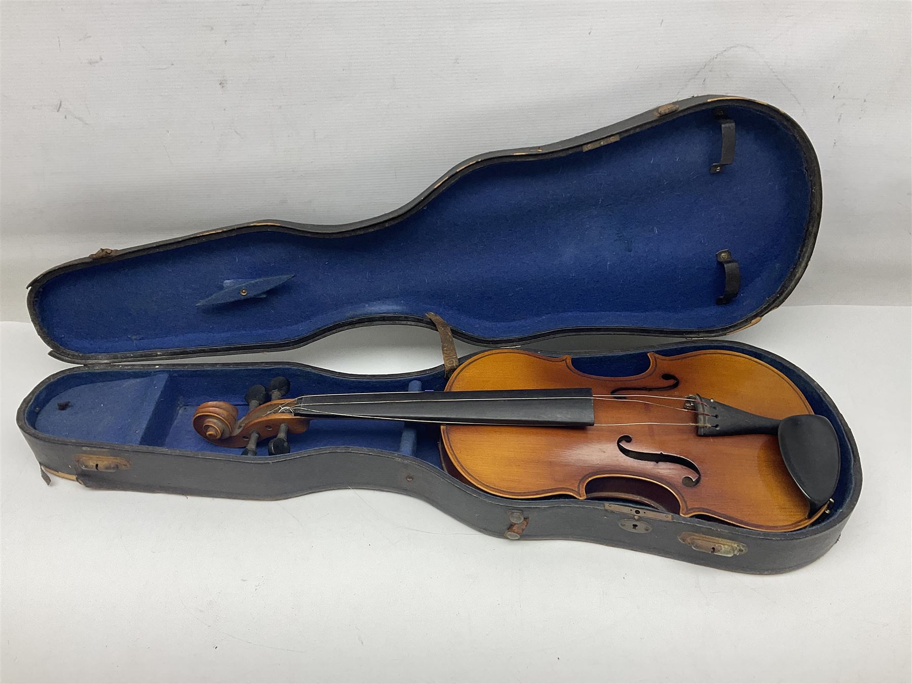 Saxony (?) violin c1950 with 36cm two-piece maple back and ribs and spruce top; bears label 'The Maidstone School Orchestra Association' L59cm overall; and 1950s Czechoslovakian violin for restoration; both in carrying cases (2)