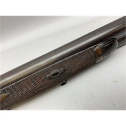 19th century John Jefferson of Scarborough 6-bore (modern 4-bore) double barrel side-by-side percussion gun, with 81cm stub twist damascus barrels (no provision for ramrod), well figured walnut stock with fine chequered grip and fore-end with horn tip and steel butt plate with long tang, well engraved lock and hammers with half-cock safeties on both sides, barrel sling swivel but rear sling swivel removed and replaced with silver escutcheon, London proofmarks, NVN, L128cm