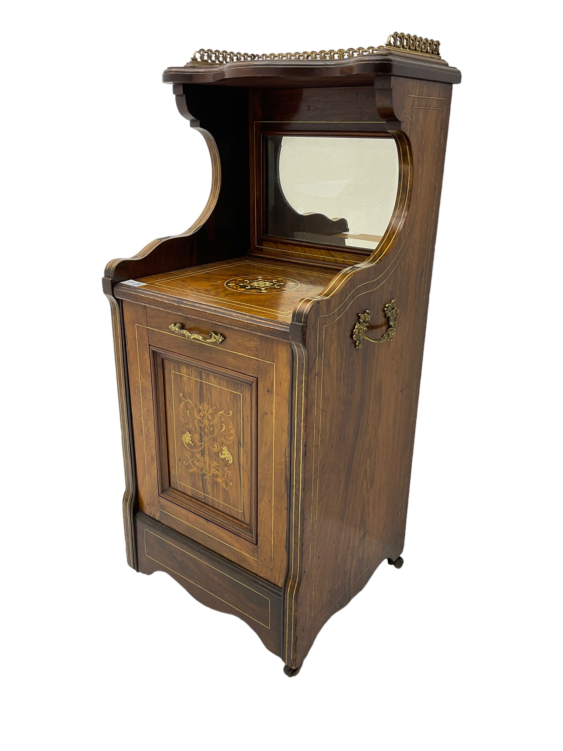 Edwardian inlaid rosewood  fall-front coal purdonium serpentine top with raised fretwork gallery, over bevelled mirror-back, the panelled fall-front door inlaid with foliate patterned ivorine and boxwood, on castors