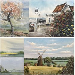 Reg Siger (British 1944-): 'Pin Mill' Suffolk, watercolour signed, labelled verso 25cm x 38cm; Rachel WIlliamson (British 20th century): 'The Blossom Tree', watercolour signed inscribed and dated '89 verso; Kay Chadwick (British 20th century): 'Dalham Windmill', oil on board signed and dated '74, together with a watercolour of Corfe Castle and landscape watercolour, max 40cm x 50cm (5)