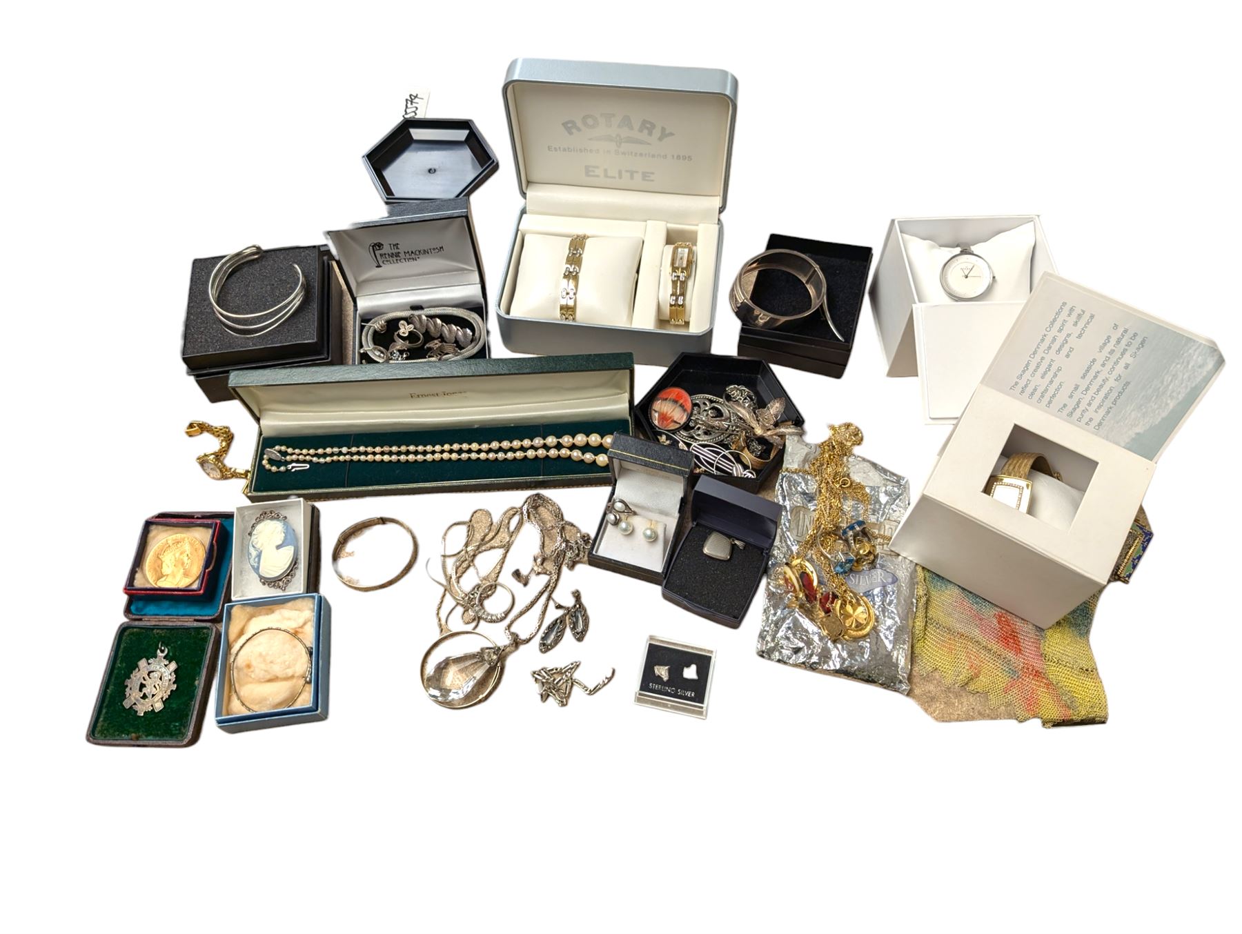 Collection of silver jewellery, including chains, brooches, bracelets and bangles, together with a collection of costume jewellery, two Skagen wristwatches and a Rotary Elite watch