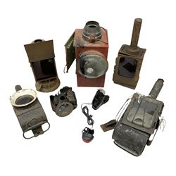 Collection of cast iron lamps, predominantly railway and coach examples, to include John Phillips Light of London Lamp Co coach lamp and Lito bicycle lamp by Miller & Co of Birmingham, etc