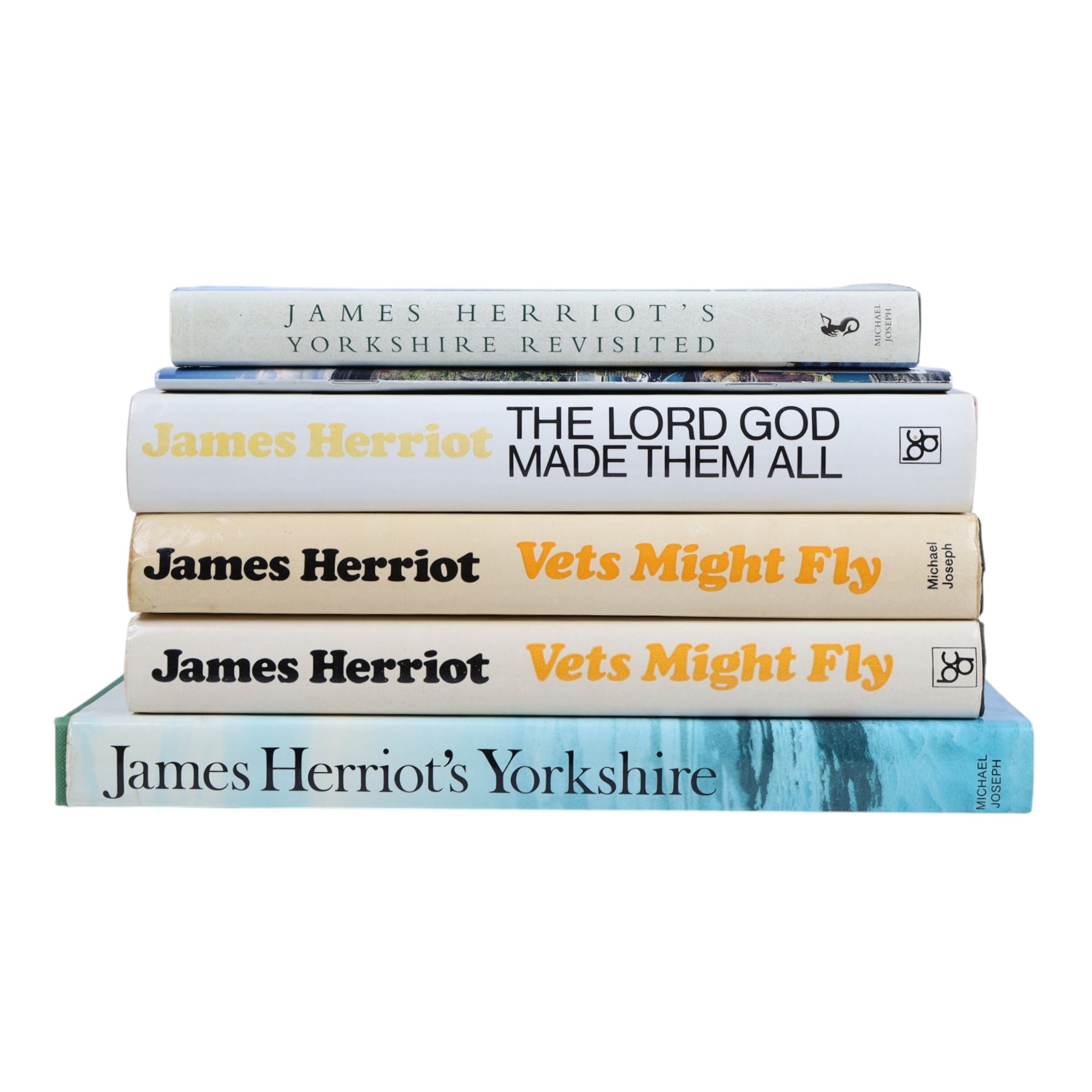 Collection of James Herriot books and memorabilia, to include first edition 'James Herriot's Yorkshire' signed by Christopher Timothy, first edition 'James Herriot's Yorkshire Revisited' signed by Herriot's children Jim and Rosie, framed montages signed by Channel 5 series actors, and others
Notes: Christopher Timothy played James Herriot in BBC 1's 1978 series 'All Creatures Great and Small'.