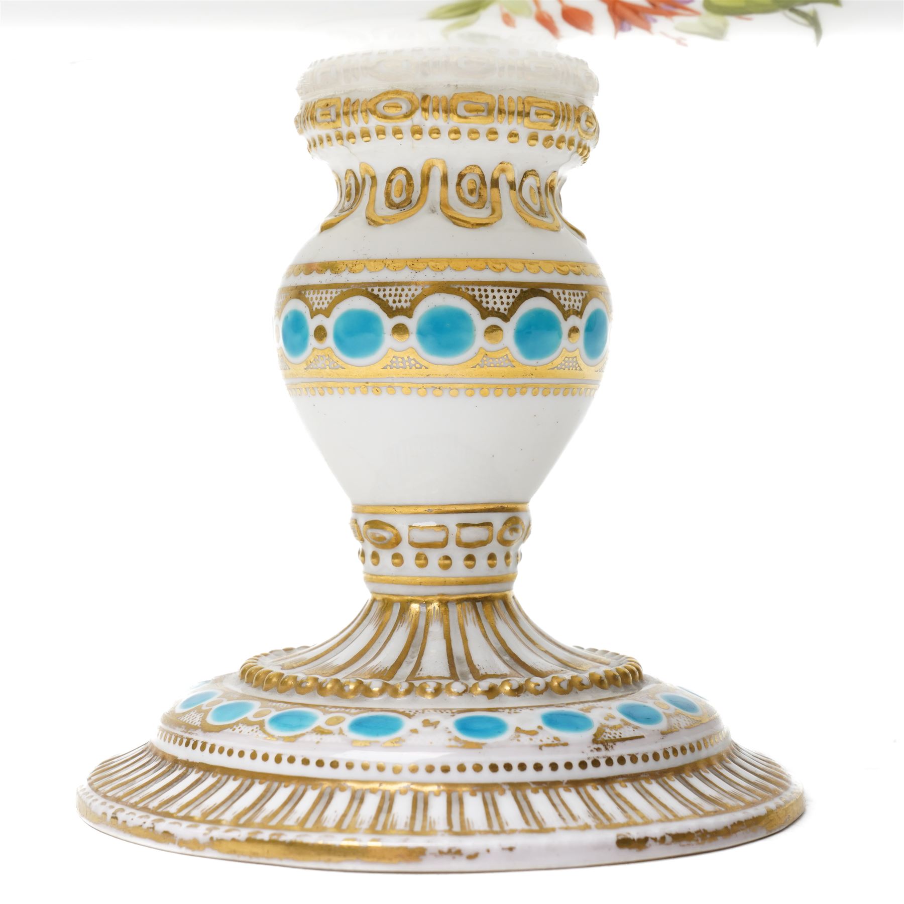 19th century tazza or compote, hand painted with flowers within gilt and turquoise borders, H16cm 