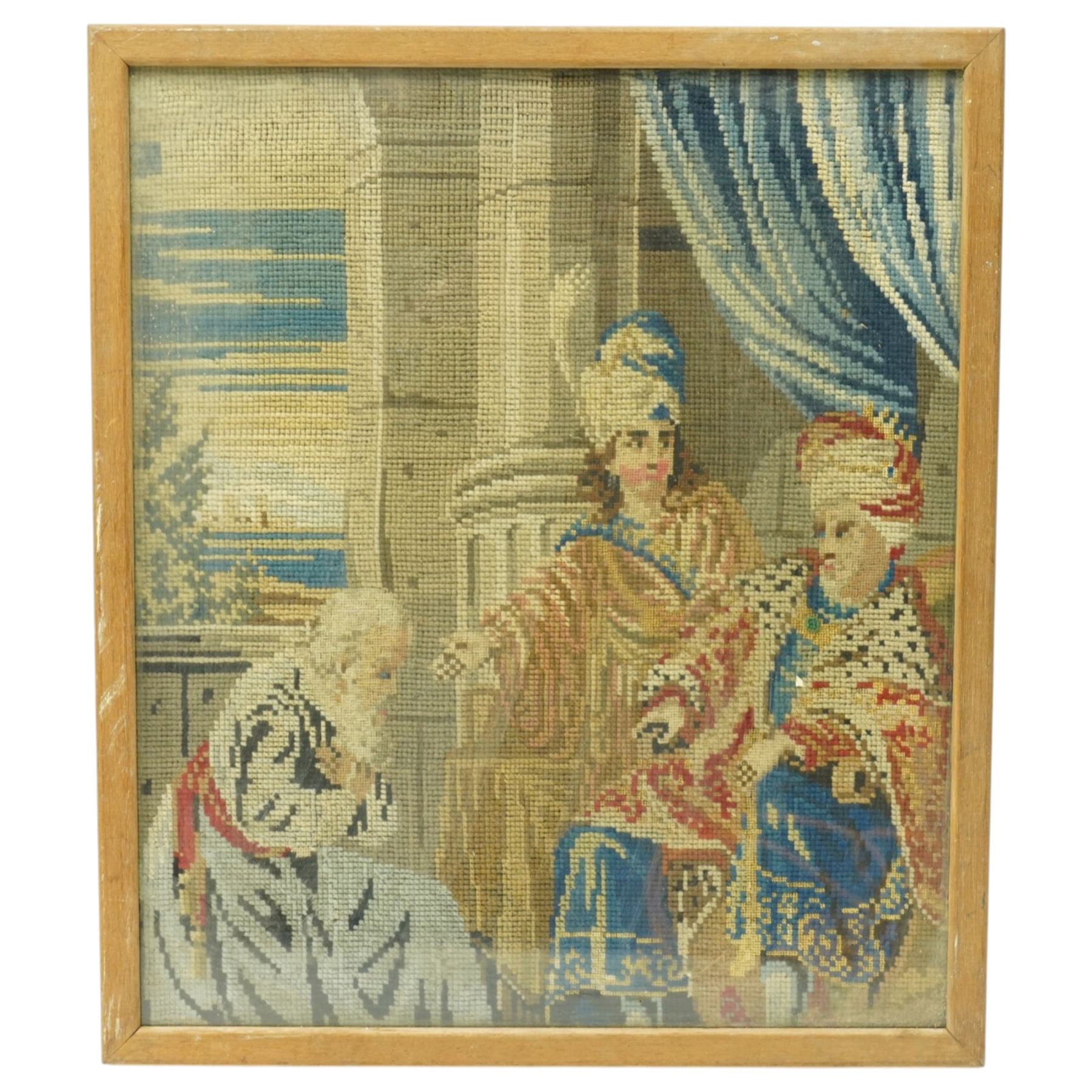 Set of five Victorian petit point needlework samplers, depicting various religious and continental scenes, framed, largest including frame 63cm x 56cm (5)