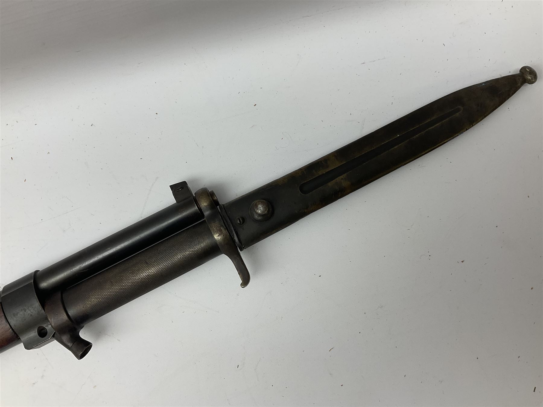 Early 20c Swedish 6.5mm bolt-action service rifle inscribed Carl Gustafs Stads Gevarsfaktori 1904; with 74cm barrel and original Model 1896 knife bayonet with scabbard No.149918 L149cm overall. Deactivated to early specification so requires re-deactivation to modern standards SECTION 1 RFD ONLY