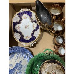Victorian and later ceramics to include a pair of Coalport twin handled serving plates, decorated with floral sprays surrounded by navy blue and gilt foliate border, cabinet tea cup and saucer decorated with floral sprays and gilding, copper lustre ware, and other ceramics in one box