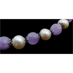  Silver amethyst and pearl bead necklace and matching bracelet, stamped 925 and pair of pearl stud earrings  
