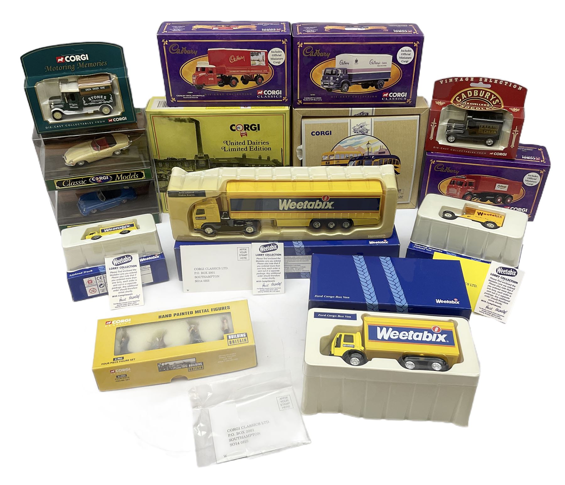 Corgi - four Weetabix promotional models; three Cadburys promotional models; United Dairies limited edition two-vehicle set; AEC limited edition two-vehicle bus set; and five other Corgi die-cast models/figures; all boxed (14)