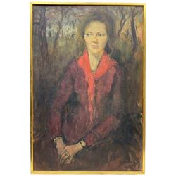 Margaret Parker (Northern British 1925-2012): Portrait of a Woman in a Red Dress at the edge of a Forest, oil on canvas signed and dated '73, 90cm x 60cm