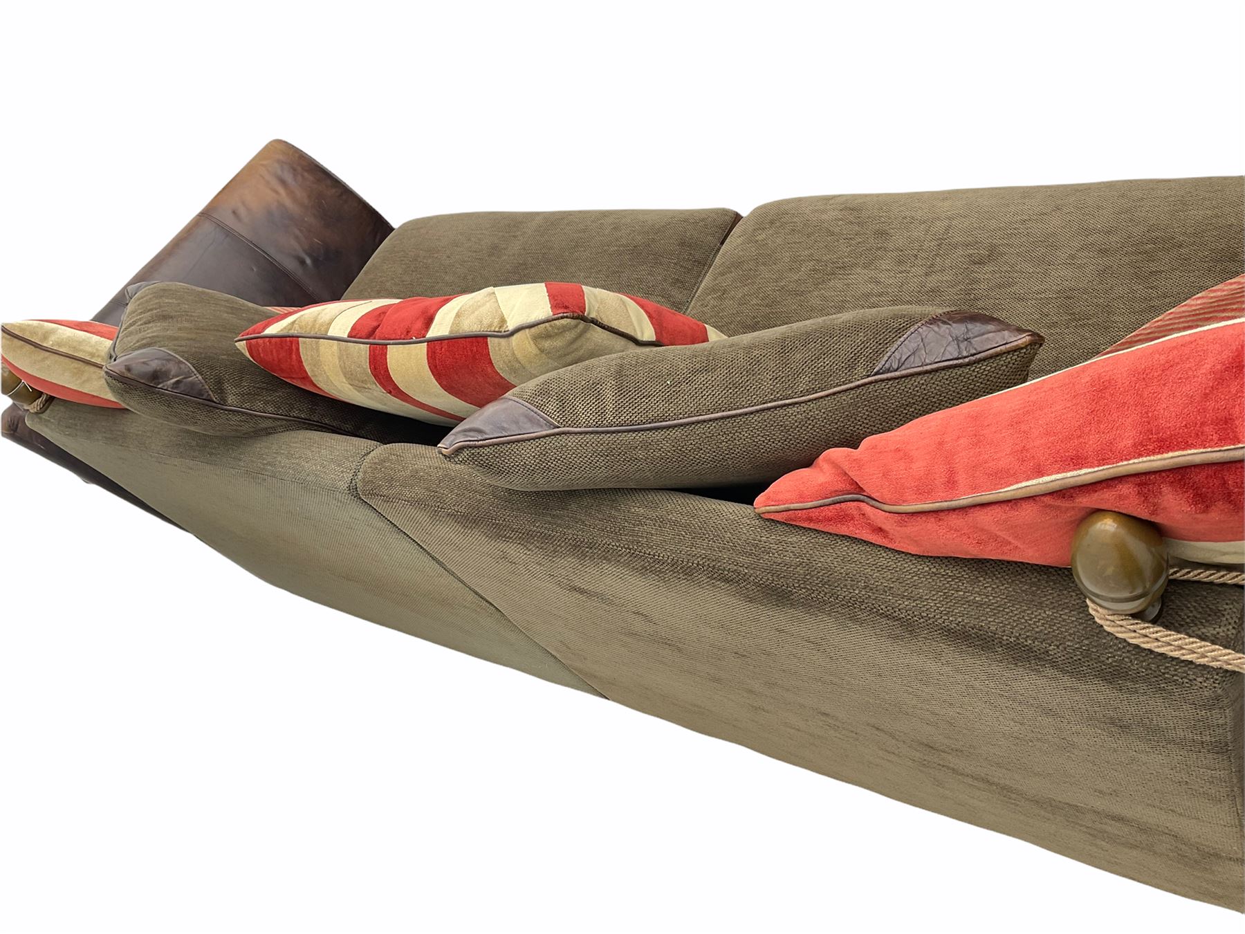 Knowle style grand drop arm sofa, upholstered in antique tan leather and fabric with contrasting scatter cushions