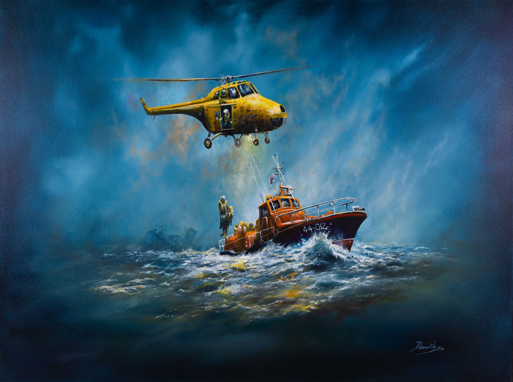 Dean Regan (Northern British 1960-): White Rose of Yorkshire - Whitby Waveney class lifeboat (1974-1988) at a rescue scene with a Westland Whirlwind helicopter, oil on canvas signed 76cm x 101cm 