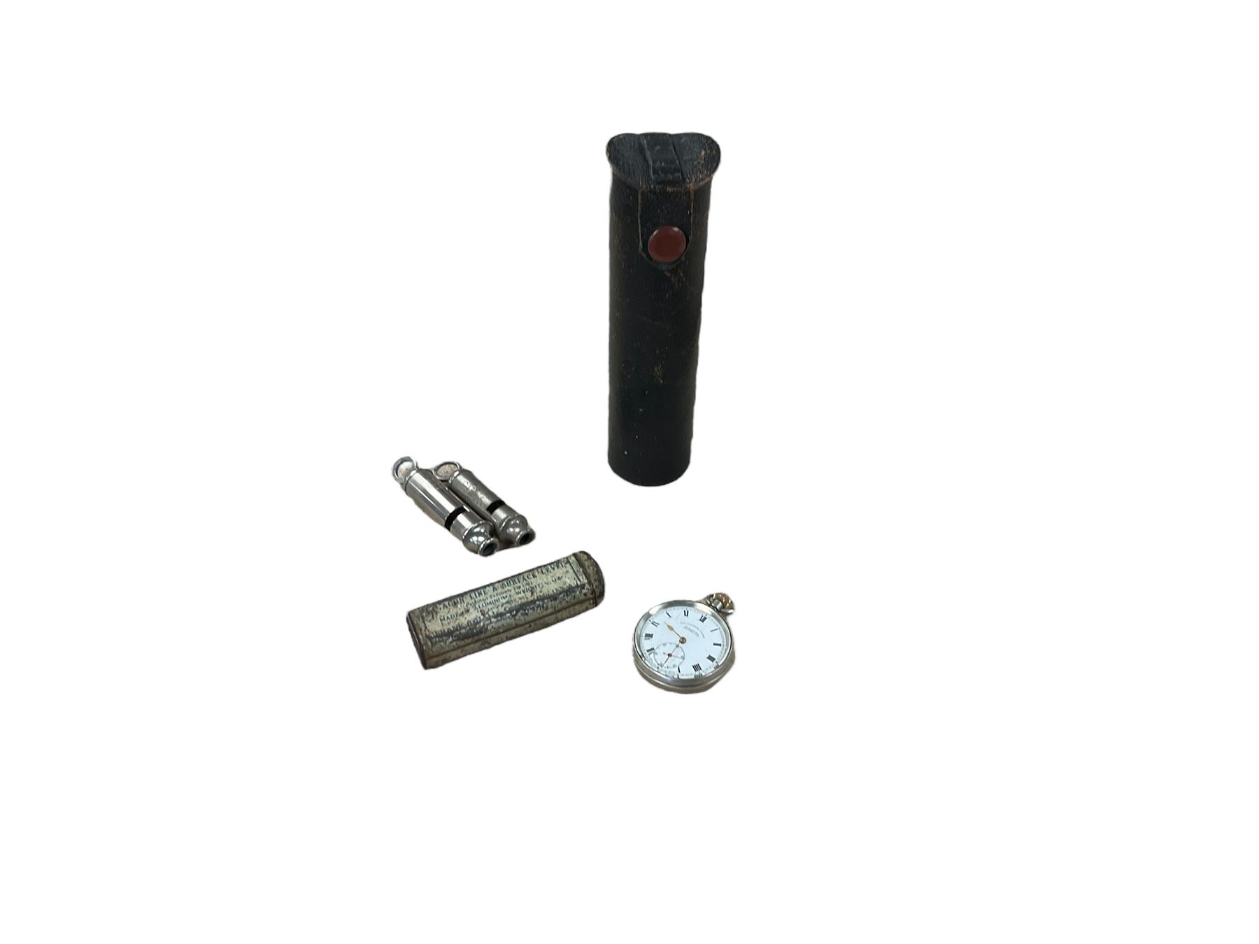 Four draw brass telescope in leather case, together with ARP whistle by Hudson, The Acme Scout Master whistle, pocket watch and Octagon line surface level